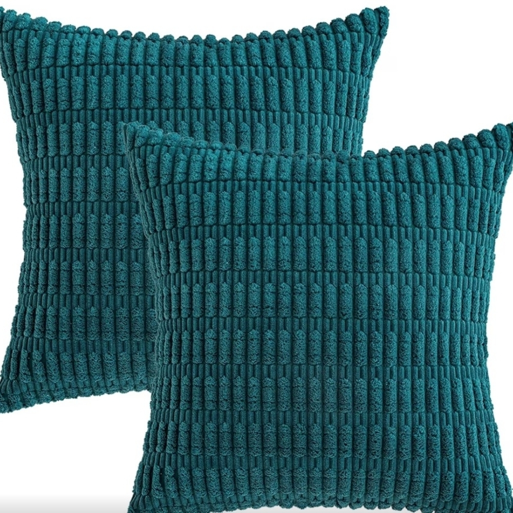 Set Of 2 Teal Textured Corduroy Accent Pillow Covers Size 24 X 24
